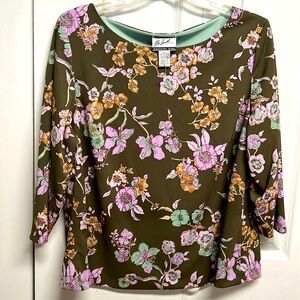 Designer Randolph Duke The Look Brown Multi Color Floral Print Top Size 2X